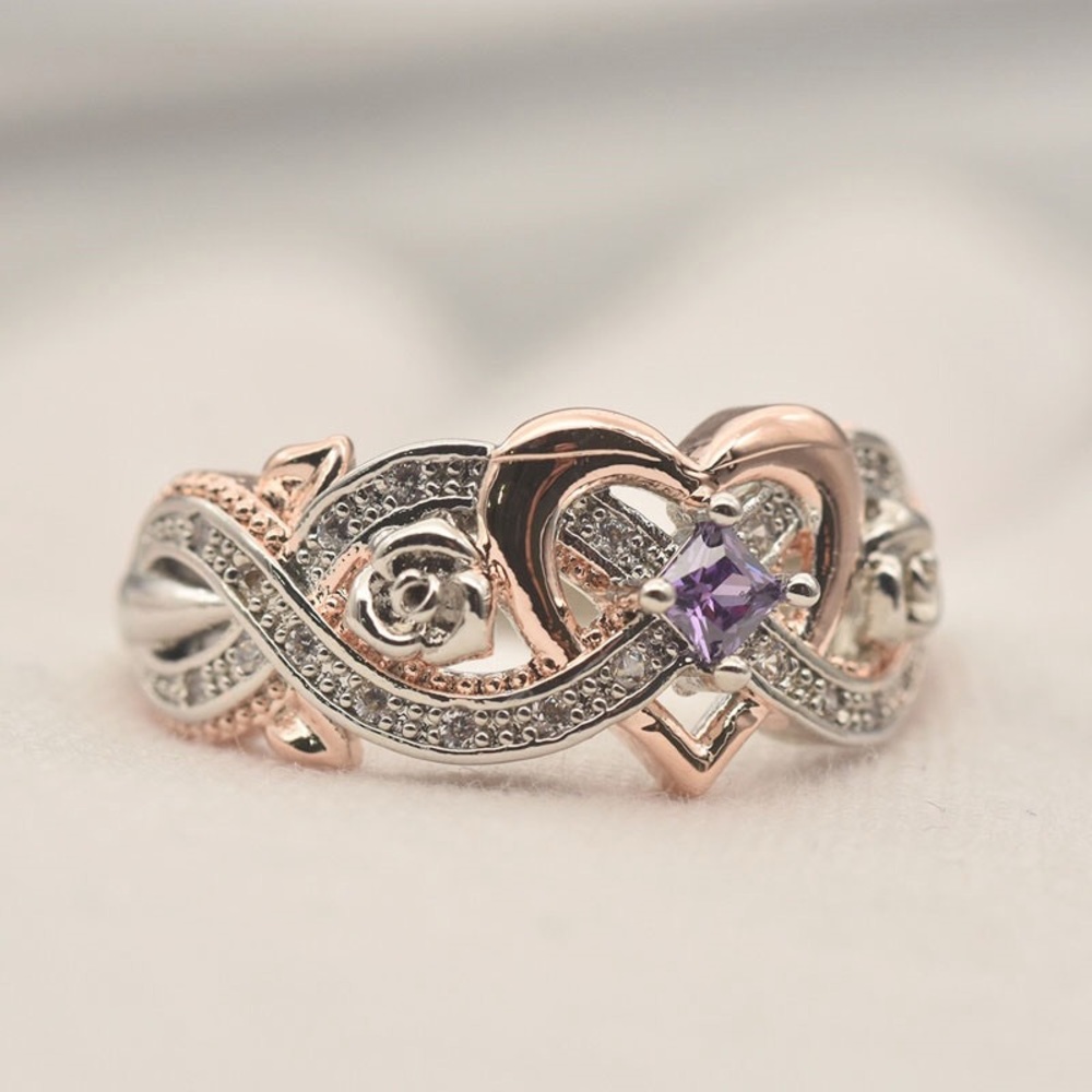 New Two Tone 925 Silver Hearts Shaped Crystal Ring - Picture 2 of 6